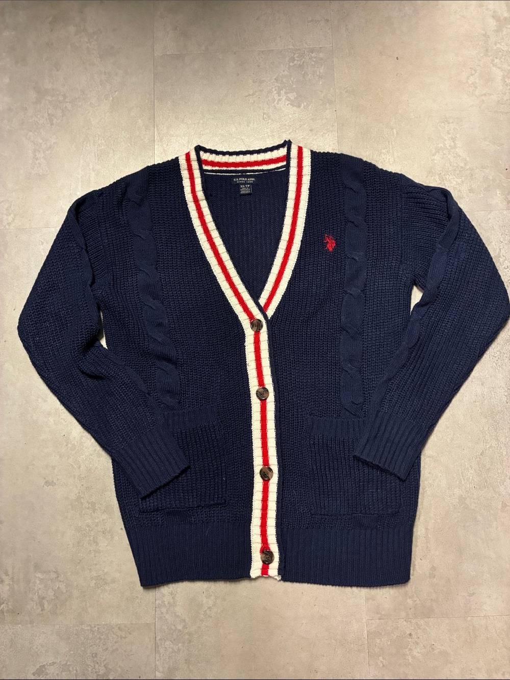 U.S. Polo Assn. Navy Cable Knit Cardigan with Red and White Trim